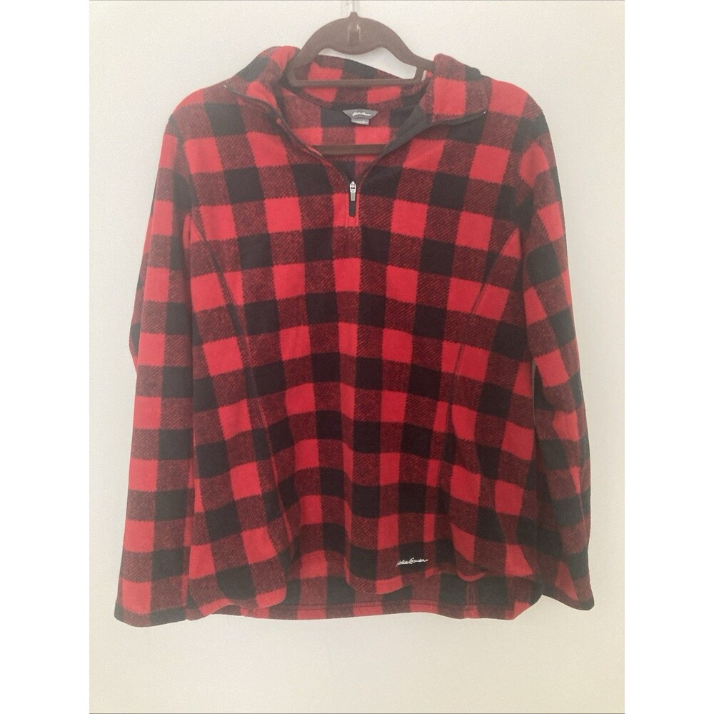 Eddie Bauer Fleece Jacket Women’s L Buffalo Check Red & Black 1/4 Zip Pullover